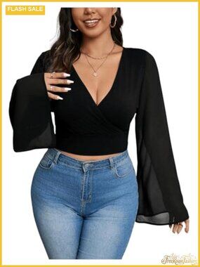 Plus Size Wrap Top V Neck Bell Long Sleeve Crop Top Party Going Out